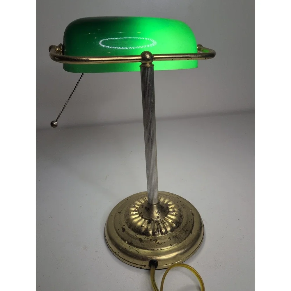 Vintage Brass Bankers Desk Lamp Green Glass Pull Chain